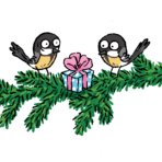 kaksi piirrettyä lintua ja joulupaketti kusuen oksalla